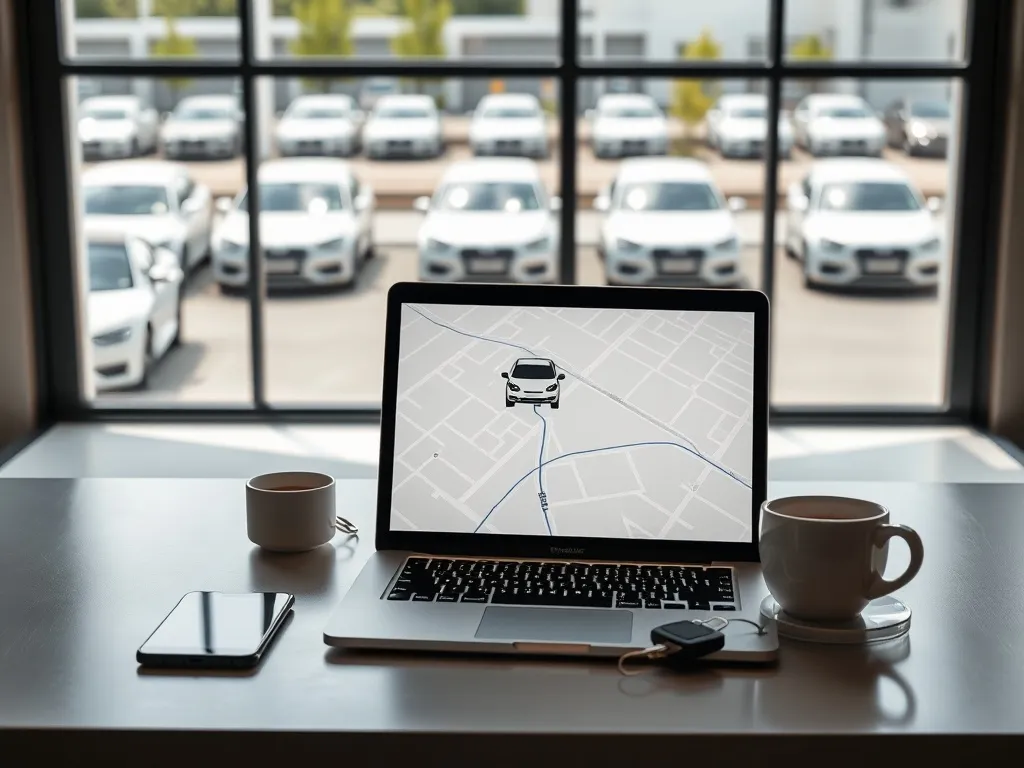 Biurko z laptopem pokazującym mapę floty aut służbowych, obok telefon, kluczyki i kawa, w tle parking firmowy