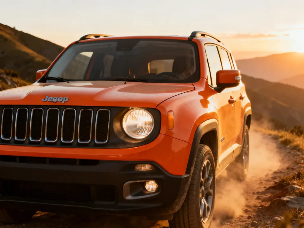 Pomarańczowy Jeep Renegade zaparkowany na górskim szlaku podczas zachodu słońca, podkreślający terenowy charakter auta.
