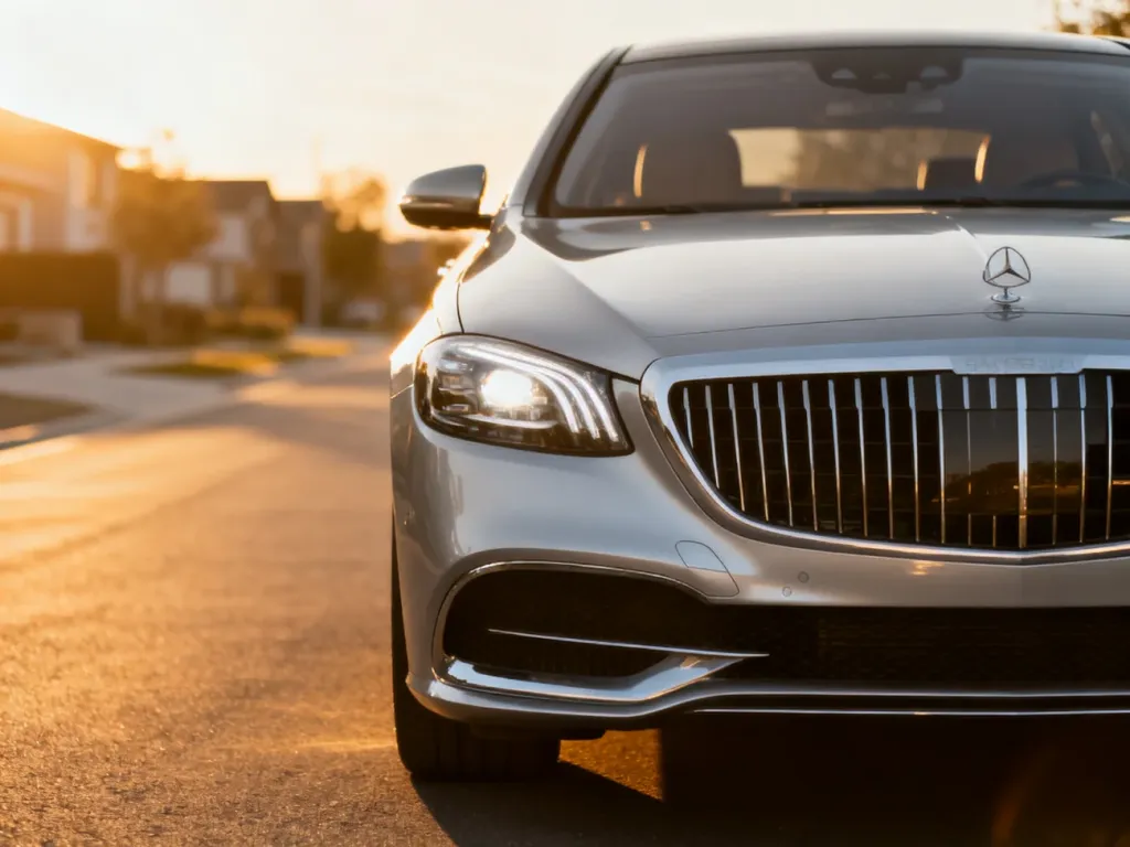 Srebrny BMW serii 3 GT zaparkowany na drodze w świetle zachodzącego słońca, podkreślający nowoczesny design przodu auta.