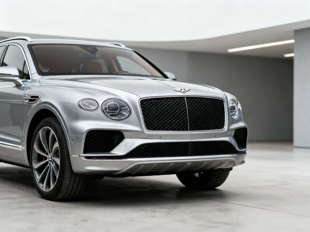 Srebrny Mercedes GLB w profesjonalnym ujęciu studyjnym, eksponującym nowoczesny design i logo marki na przednim grillu.