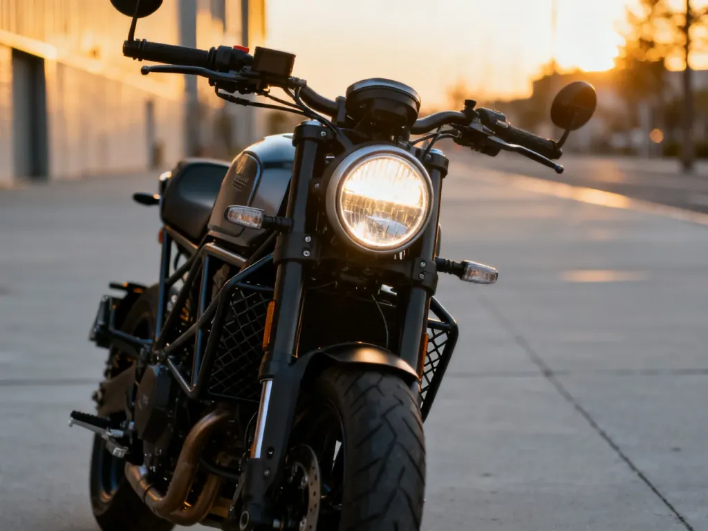 Nowoczesny motocykl Husqvarna Svartpilen 125 zaparkowany na tle miejskiego krajobrazu o zachodzie słońca.