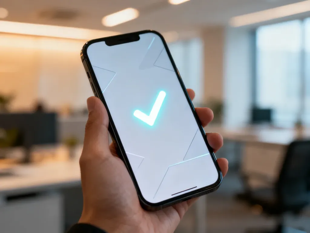 Dłoń trzymająca smartfon z ikoną zielonego znacznika, symbolizującą udaną transakcję płatniczą w systemie Autopay.